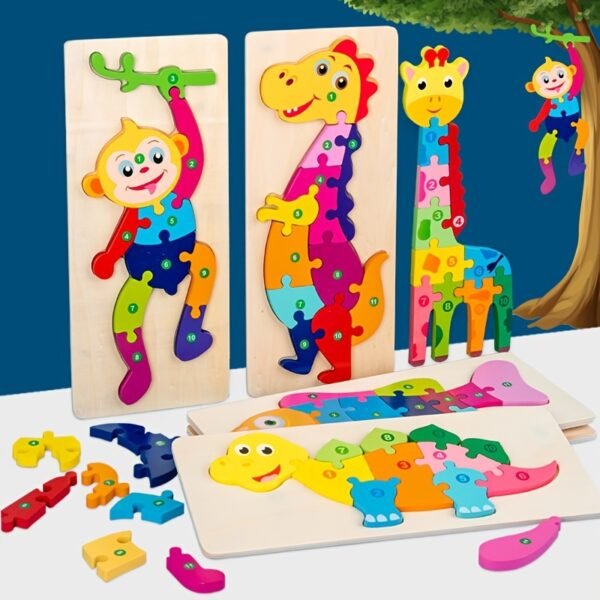 Rectangle Puzzle, Wooden Puzzle For Children, Animals Puzzles Dinosaur Crocodile Caterpillar Giraffe, Colorful Wood Numbered Puzzles Kid Preschool Learning Educational Toys - Image 2