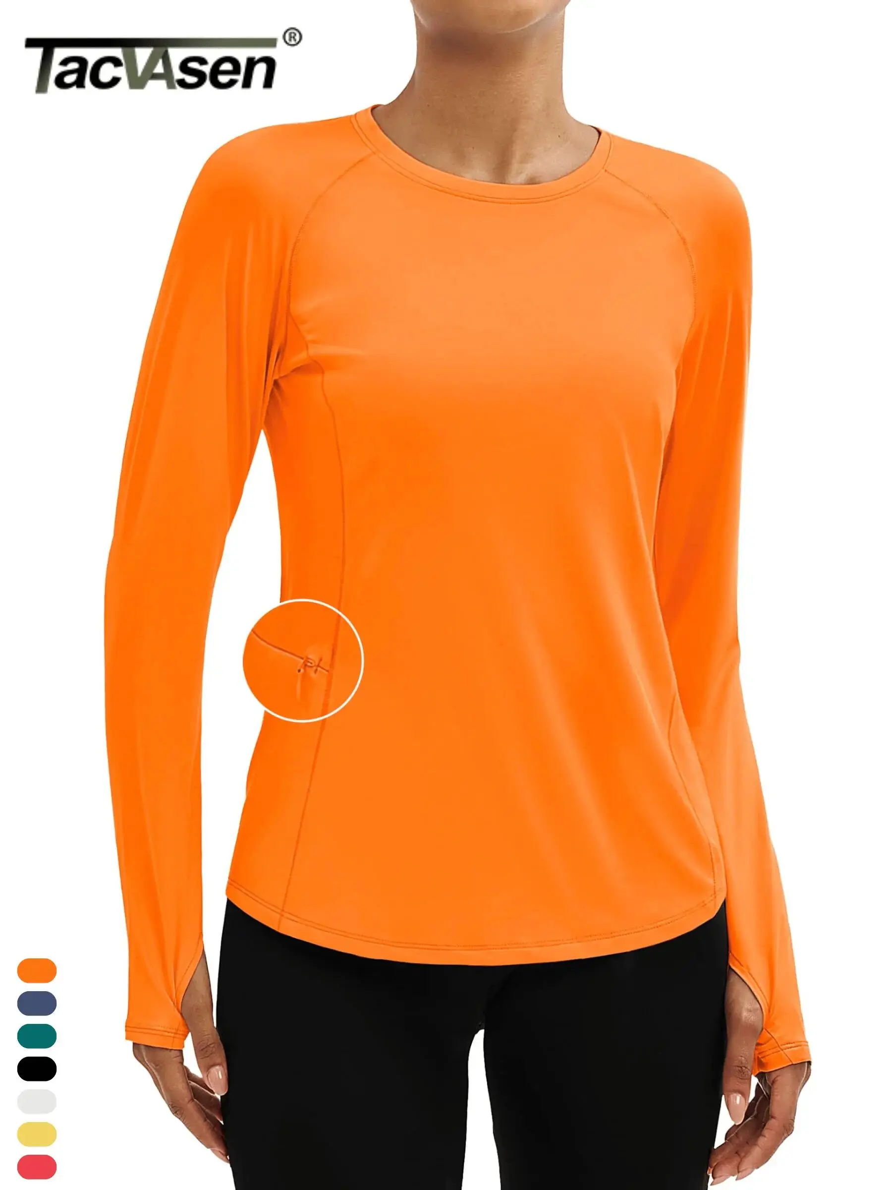 TACVASEN UPF80+ Long Sleeve Crewneck T-shirts Womens Outdoor Basic Tops Sun Protection Zipper Pocket Breathable Lightweight Tees