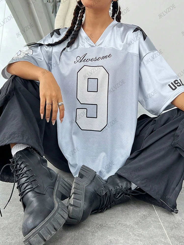 Summer New Retro Red Patchwork 9 Print T-Shirt For Women V-Neck Short Sleeve Sports Football Jersey Y2K Loose Oversized Tops - Image 5