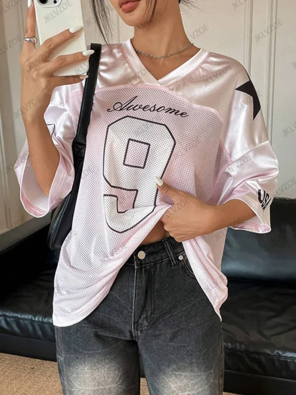 Summer New Retro Red Patchwork 9 Print T-Shirt For Women V-Neck Short Sleeve Sports Football Jersey Y2K Loose Oversized Tops - Image 6