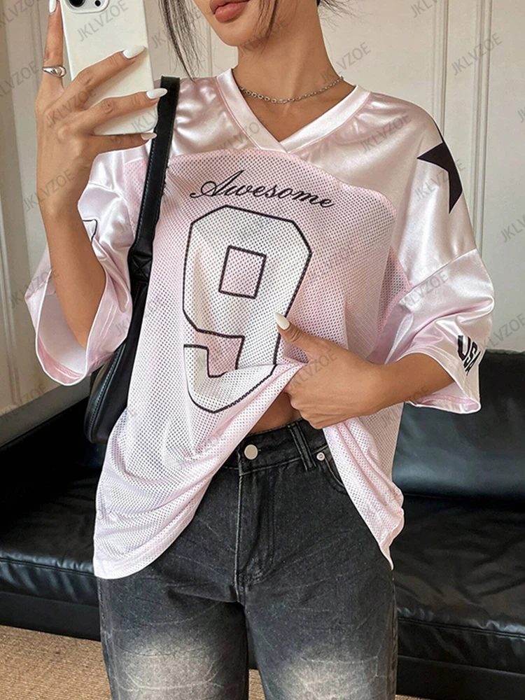 Summer New Retro Red Patchwork 9 Print T-Shirt For Women V-Neck Short Sleeve Sports Football Jersey Y2K Loose Oversized Tops - Image 6