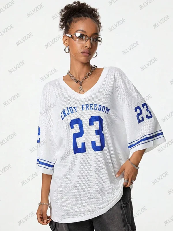 Summer New Black Enjoy Freedom 23 Print T-Shirt For Women V-Neck Short Sleeve Mesh Sports Football Jersey Y2K Oversized Tops - Image 3