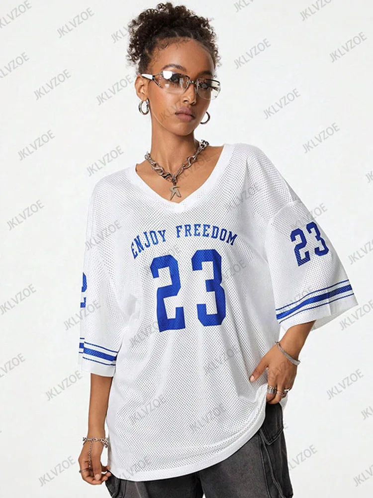 Summer New Black Enjoy Freedom 23 Print T-Shirt For Women V-Neck Short Sleeve Mesh Sports Football Jersey Y2K Oversized Tops - Image 3