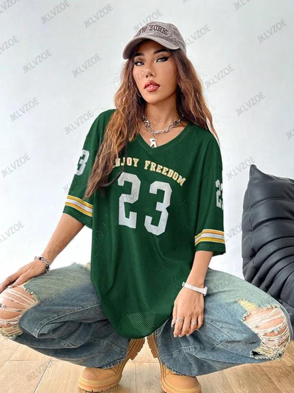 Summer New Black Enjoy Freedom 23 Print T-Shirt For Women V-Neck Short Sleeve Mesh Sports Football Jersey Y2K Oversized Tops - Image 5