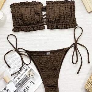 Bandeau Pleated Ruched High Leg Cut Bikini Women Swimwear Female Swimsuit Two-pieces Bikini set Bather Bathing Suit Swim K5690