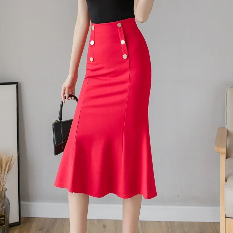 Oversized Winter Black Long Skirts 2024 Fashion Button High Waist Sexy Red Skirt Women Clothing Elegant Korean Office Midi Skirt - Image 2