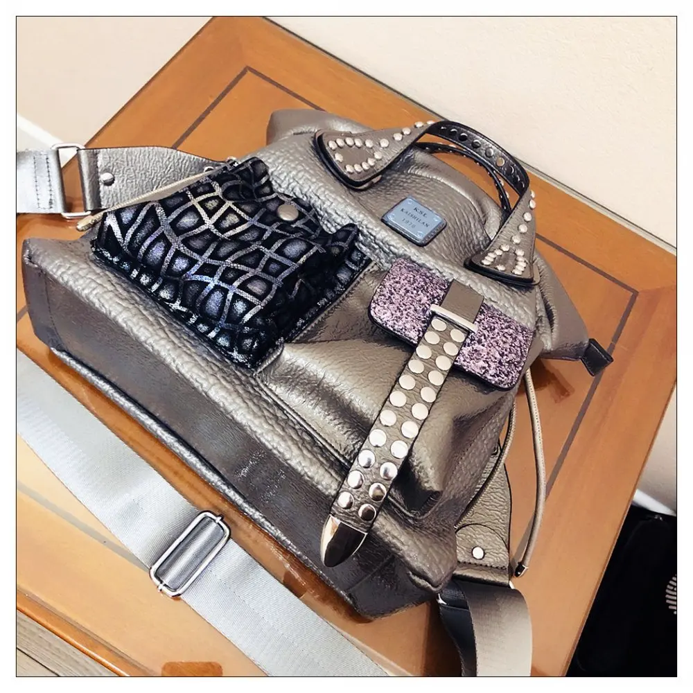 Women Fashion Genuine Leather Large Capacity Handbags 2022 New Oversized Rivet Work Silver Shoulder Bags Woman Luxury Brand Tote - Image 19