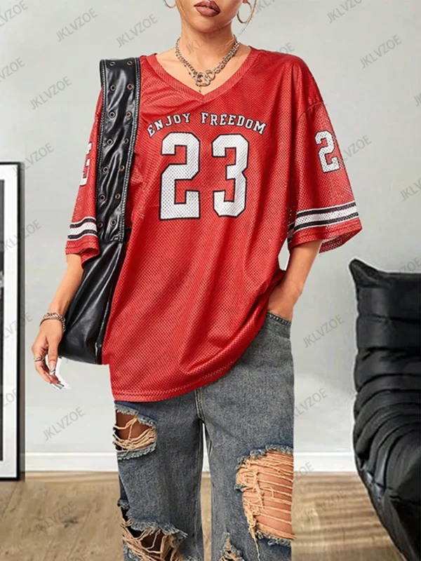 Summer New Black Enjoy Freedom 23 Print T-Shirt For Women V-Neck Short Sleeve Mesh Sports Football Jersey Y2K Oversized Tops - Image 6