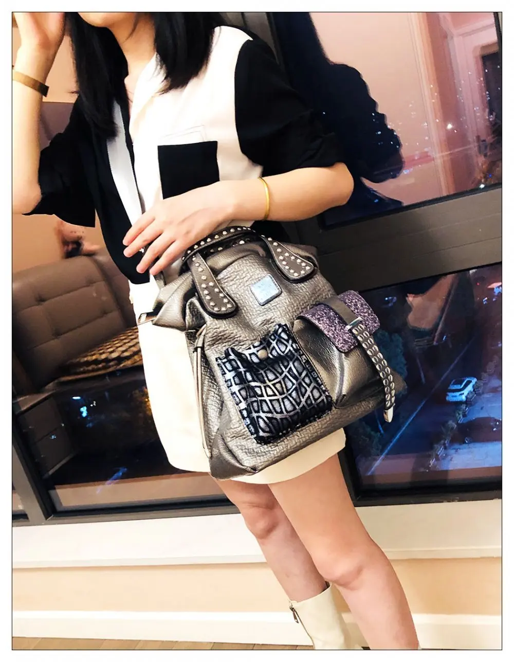 Women Fashion Genuine Leather Large Capacity Handbags 2022 New Oversized Rivet Work Silver Shoulder Bags Woman Luxury Brand Tote - Image 12