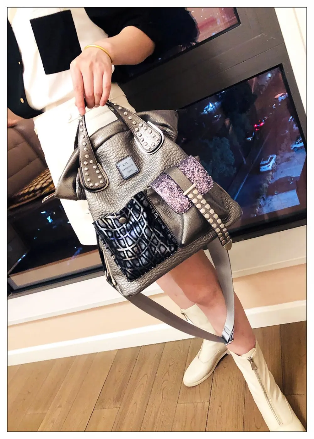Women Fashion Genuine Leather Large Capacity Handbags 2022 New Oversized Rivet Work Silver Shoulder Bags Woman Luxury Brand Tote - Image 10