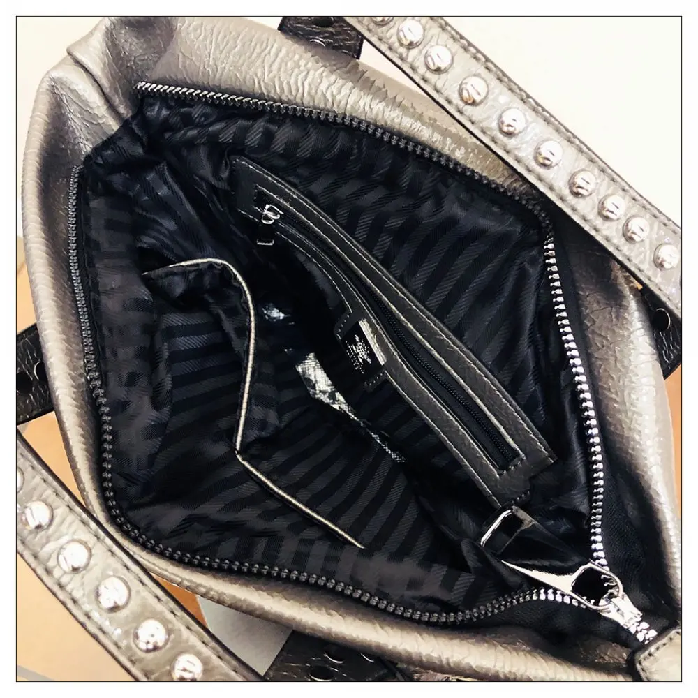 Women Fashion Genuine Leather Large Capacity Handbags 2022 New Oversized Rivet Work Silver Shoulder Bags Woman Luxury Brand Tote - Image 20