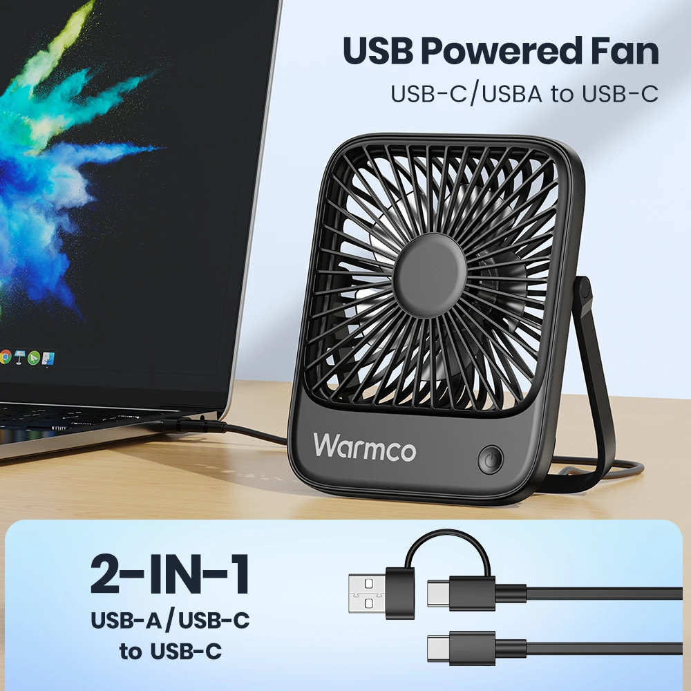 Warmco Mini USB Desk Fans Portable USB-C Desktop Cooling Fan 3-Speed Adjustable 180° Rotation Quiet Small Personal Fan for Home - Image 2