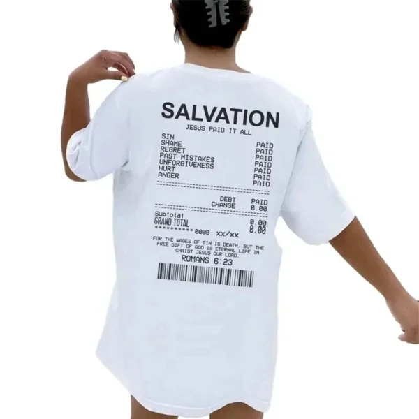 Women Salvation Back Print Bible Verse T-Shirts Oversized Funny Streetwear Christian Cotton T Shirts Jesus Faith Tees Tops - Image 2