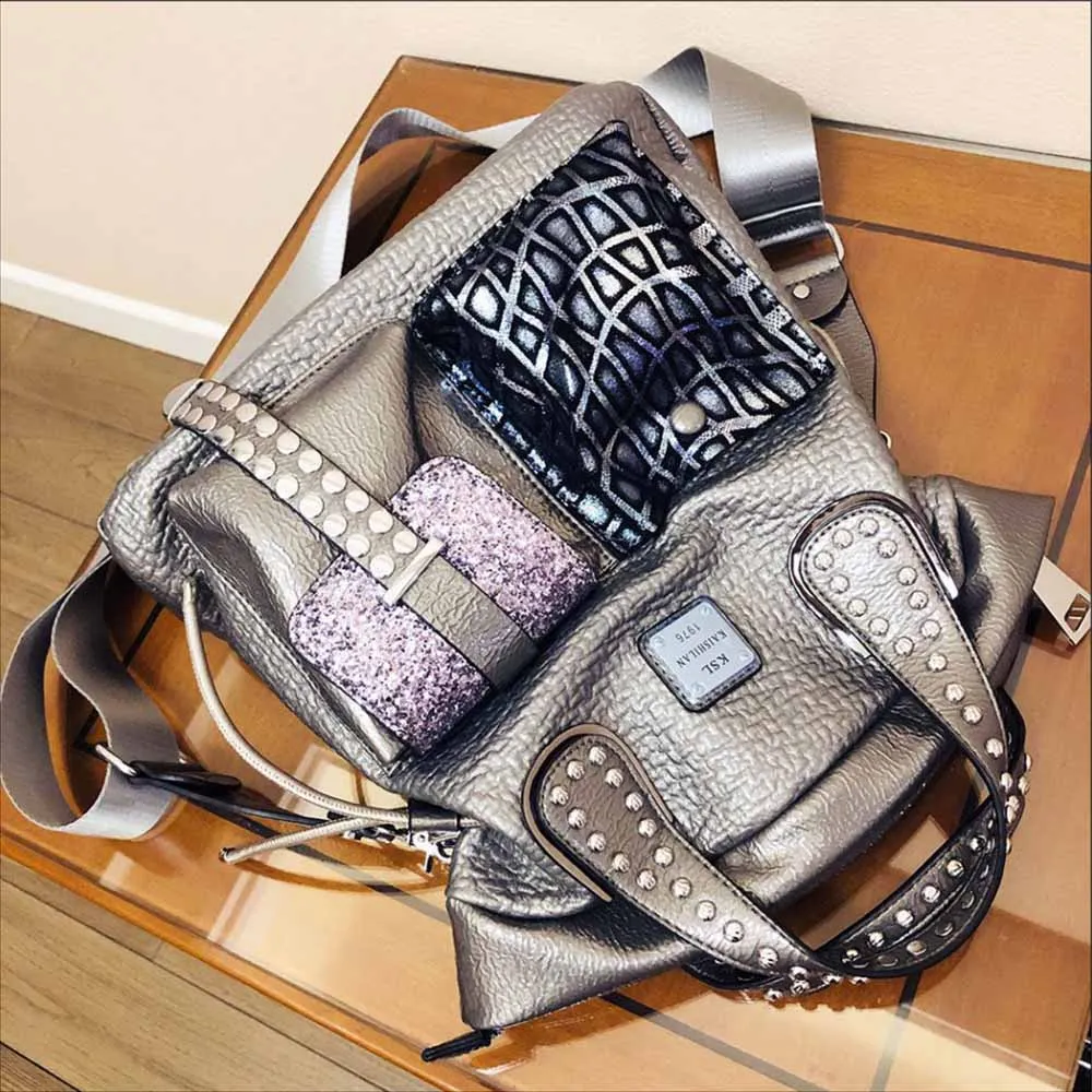 Women Fashion Genuine Leather Large Capacity Handbags 2022 New Oversized Rivet Work Silver Shoulder Bags Woman Luxury Brand Tote - Image 4