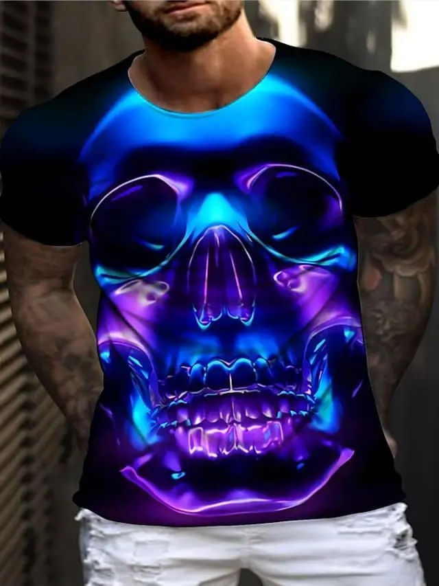 Summer New Mens T Shirts Oversized Loose Clothes Vintage Skull Short Sleeve Fashion Printed O Collared Tshirt - Image 2