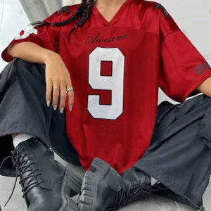 Summer New Retro Red Patchwork 9 Print T-Shirt For Women V-Neck Short Sleeve Sports Football Jersey Y2K Loose Oversized Tops