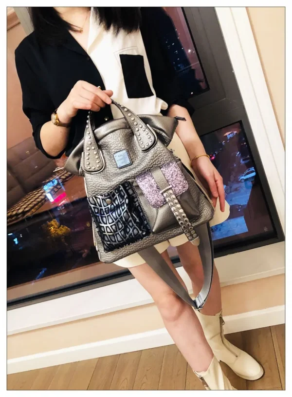 Women Fashion Genuine Leather Large Capacity Handbags 2022 New Oversized Rivet Work Silver Shoulder Bags Woman Luxury Brand Tote - Image 11
