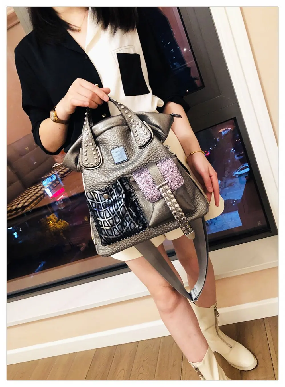 Women Fashion Genuine Leather Large Capacity Handbags 2022 New Oversized Rivet Work Silver Shoulder Bags Woman Luxury Brand Tote - Image 11
