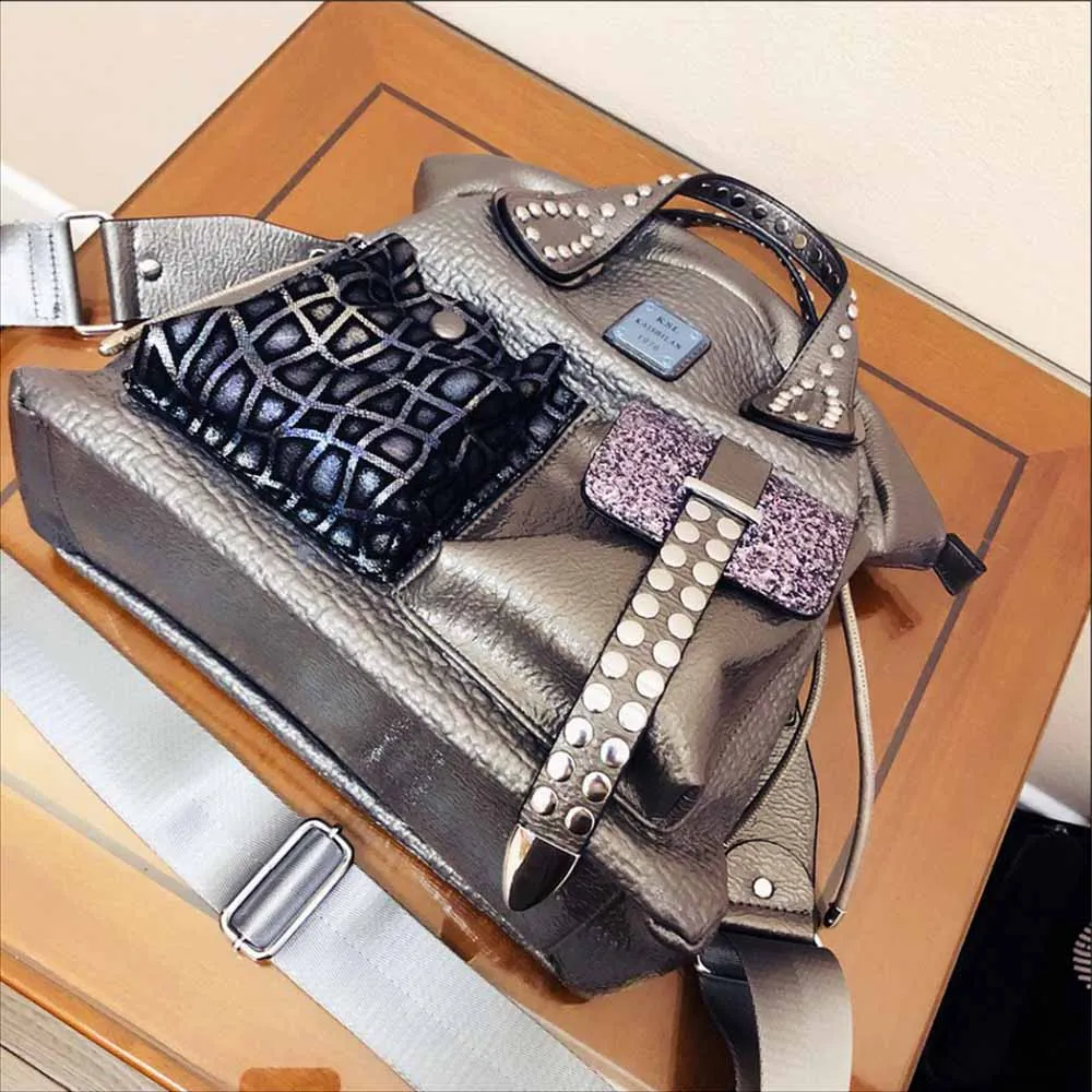Women Fashion Genuine Leather Large Capacity Handbags 2022 New Oversized Rivet Work Silver Shoulder Bags Woman Luxury Brand Tote - Image 5