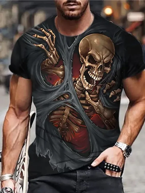 Summer New Mens T Shirts Oversized Loose Clothes Vintage Skull Short Sleeve Fashion Printed O Collared Tshirt - Image 3