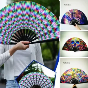 33cm Classic Folding Fan Print Black Bamboo Bone Fan Hand Fans Rainbow Cooling Handheld Fan Festival Performance Dance Fan Gifts