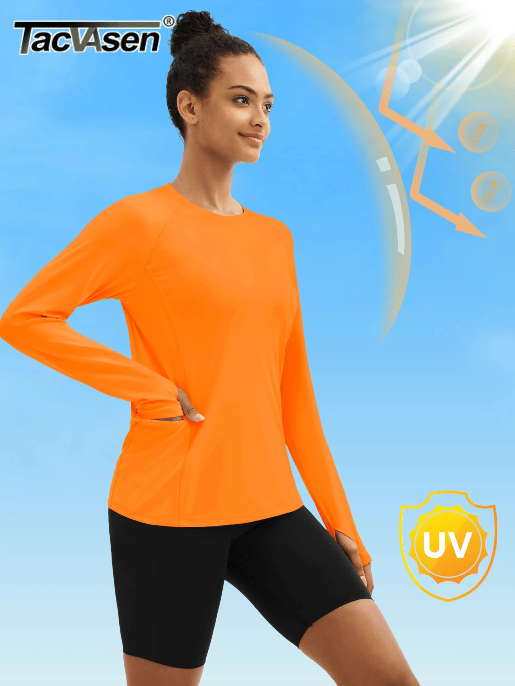 TACVASEN UPF80+ Long Sleeve Crewneck T-shirts Womens Outdoor Basic Tops Sun Protection Zipper Pocket Breathable Lightweight Tees - Image 3