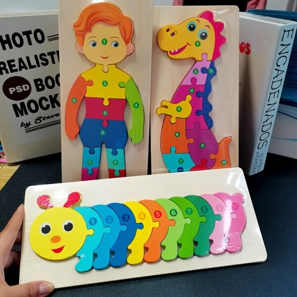 Rectangle Puzzle, Wooden Puzzle For Children, Animals Puzzles Dinosaur Crocodile Caterpillar Giraffe, Colorful Wood Numbered Puzzles Kid Preschool Learning Educational Toys - Image 4