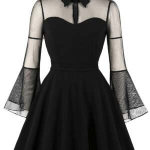 Keyhole Mesh Bell Long Sleeve Cocktail Party Dress, Solid Retro Dress For Spring & Fall, Women's Clothing