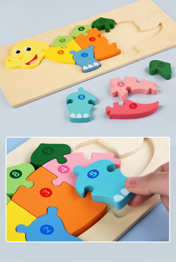 Rectangle Puzzle, Wooden Puzzle For Children, Animals Puzzles Dinosaur Crocodile Caterpillar Giraffe, Colorful Wood Numbered Puzzles Kid Preschool Learning Educational Toys - Image 24