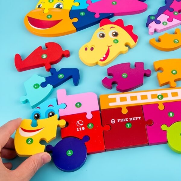 Rectangle Puzzle, Wooden Puzzle For Children, Animals Puzzles Dinosaur Crocodile Caterpillar Giraffe, Colorful Wood Numbered Puzzles Kid Preschool Learning Educational Toys - Image 5