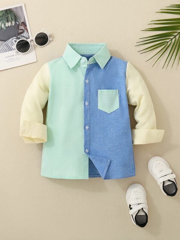 Stylish Boys' Color Block Long Sleeve Button Down Shirt - Casual Lapel Design, Breathable Fabric, Relaxed Fit, Perfect for School, Party, or Everyday Wear