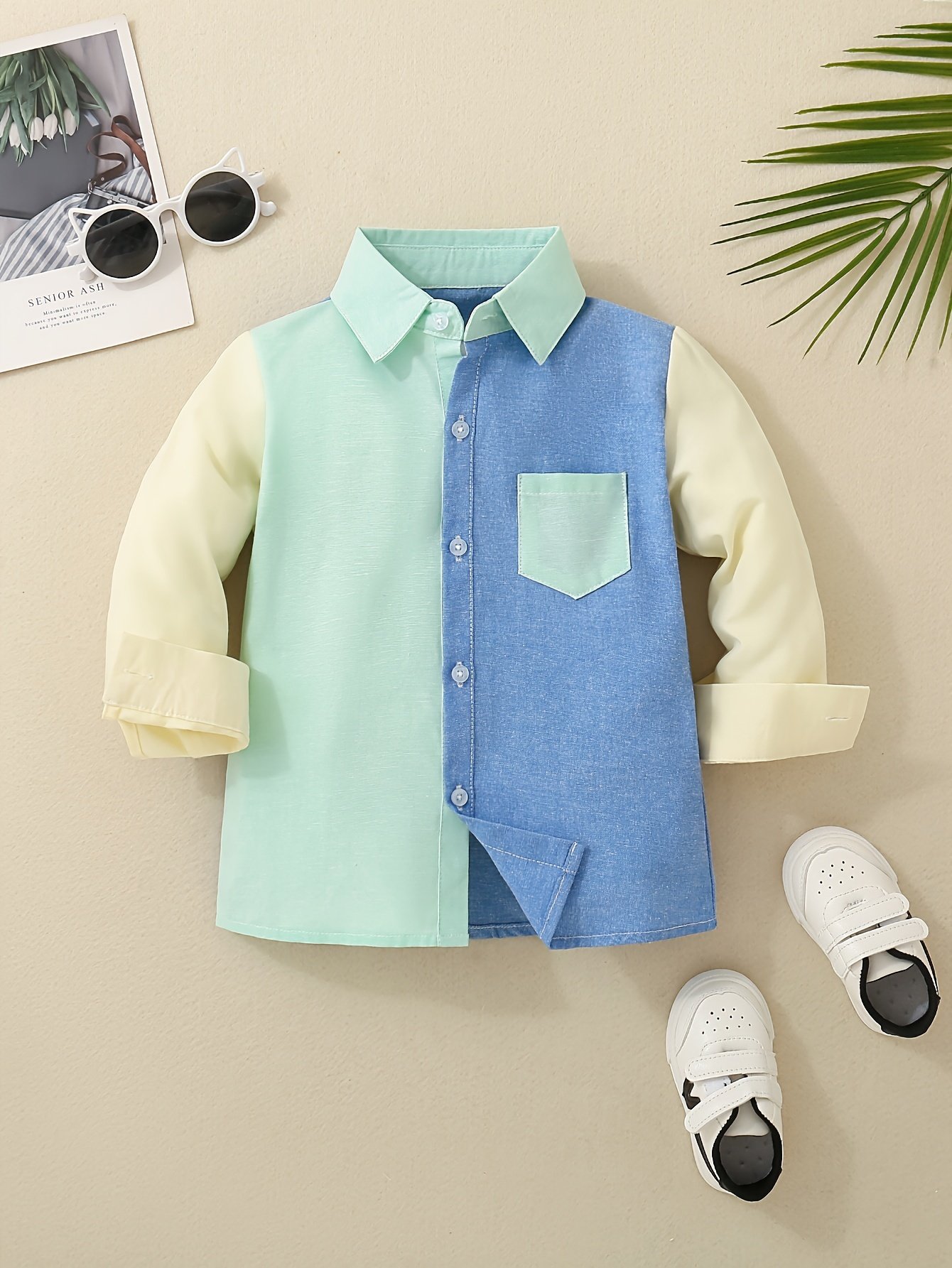 Stylish Boys' Color Block Long Sleeve Button Down Shirt - Casual Lapel Design, Breathable Fabric, Relaxed Fit, Perfect for School, Party, or Everyday Wear