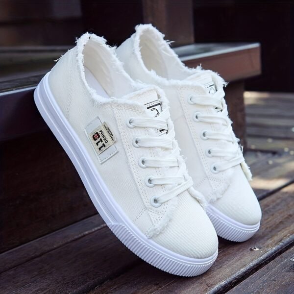 Women's Classic Canvas Flat Shoes, Solid Color Lace Up Low-top Casual Shoes, Women's Comfy Footwear - Image 3