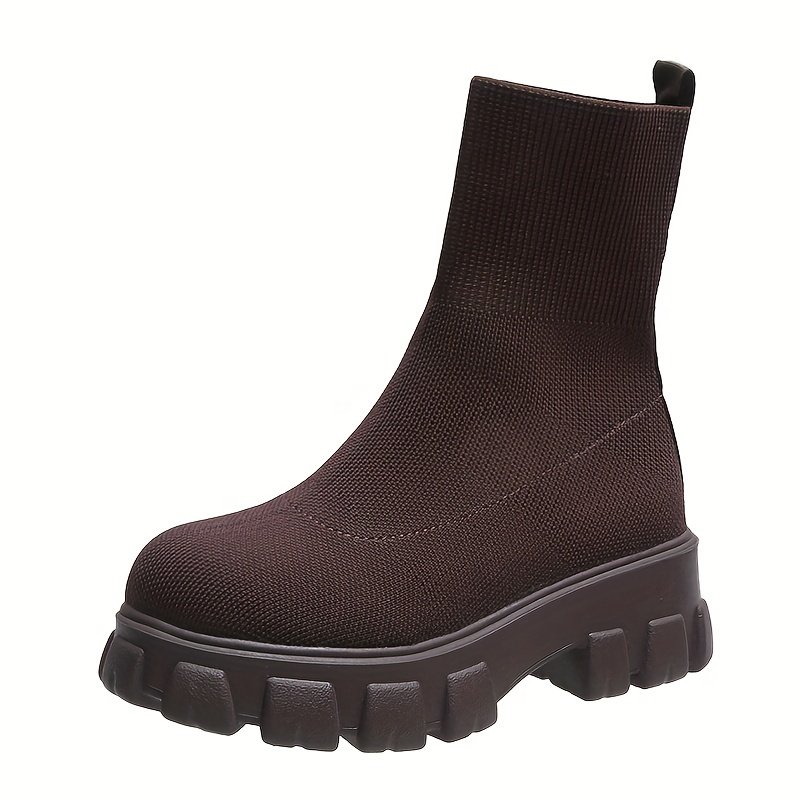 Women's Thick-soled Short Boots, Knitted Round Toe Shoes - Image 5