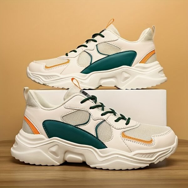 [Breathable Sneakers] Chunky Breathable Mesh Sneakers | Men's White & Teal Casual Sneakers with EVA Sole, Lace-Up Design for All Seasons - Image 8