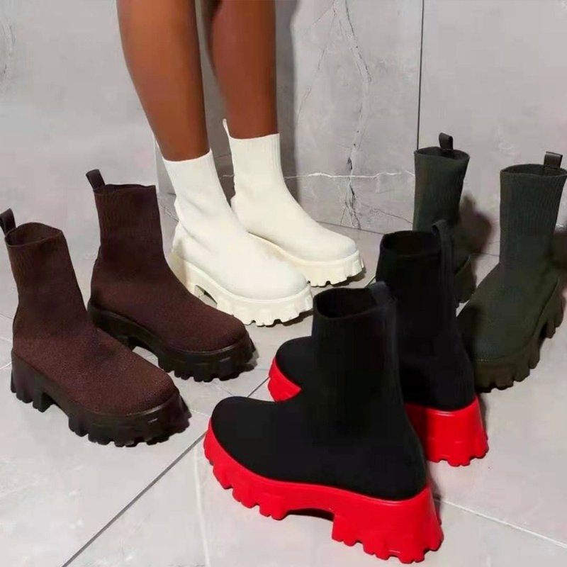 Women's Thick-soled Short Boots, Knitted Round Toe Shoes - Image 7