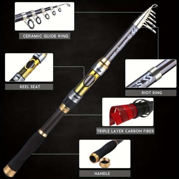 [Quality Construction] Sougayilang Ultralight Carbon Fiber Spinning Fishing Rod - Portable, Medium Action, 6.72-9.84ft Extendable Length, Black & Golden with Comfort Grip Handle - Ideal for All Anglers - Image 14