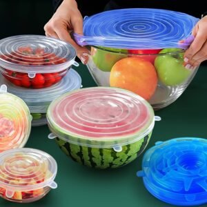 6pcs Silicone Elastic Lids, Reusable Durable Food Storage Covers, Suitable for Bowls, 6 Different Sizes to Fit Most Containers, Dishwasher and Fridge Safe, Container Covers, Meal Prep Storage, Flexible Design, Snug Fit, Foodgrade Silicone, Durable