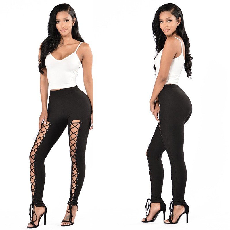 Sexy Cross-Strap High-Waist Leggings with Eyelet Detail, Stretch Polyester Blend, Solid Color Cropped Pants for Women - Perfect for Fall/Spring - Image 20
