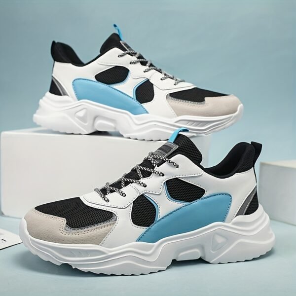 [Breathable Sneakers] Chunky Breathable Mesh Sneakers | Men's White & Teal Casual Sneakers with EVA Sole, Lace-Up Design for All Seasons - Image 2