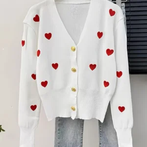 Sweater Women Knitted Coats Fashion V-neck Slim Versatile Heart Button Cardigan Autumn Office Lady Chic Long Sleeve Outerwear