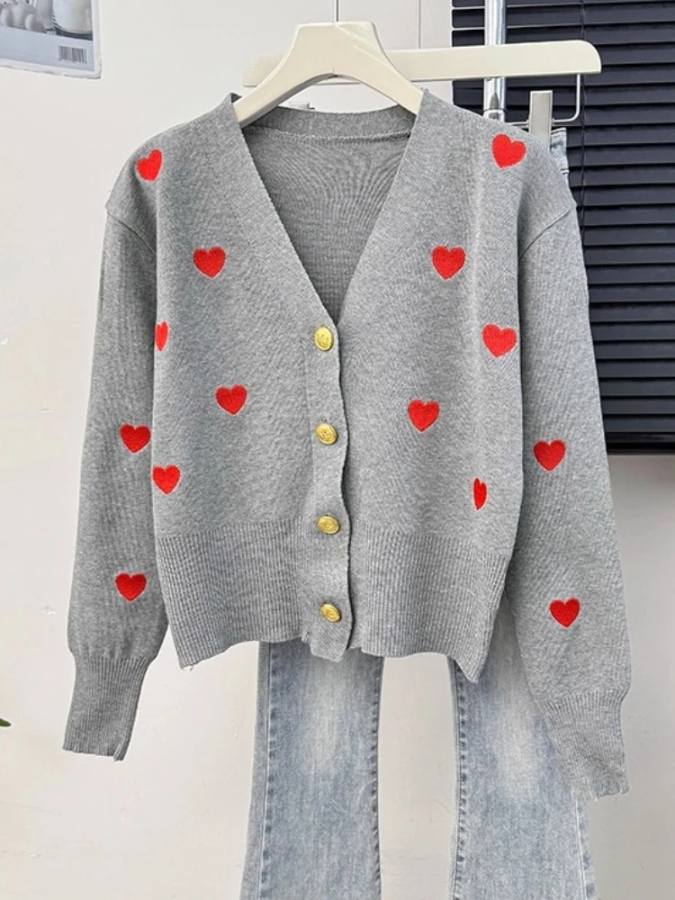 Sweater Women Knitted Coats Fashion V-neck Slim Versatile Heart Button Cardigan Autumn Office Lady Chic Long Sleeve Outerwear - Image 7