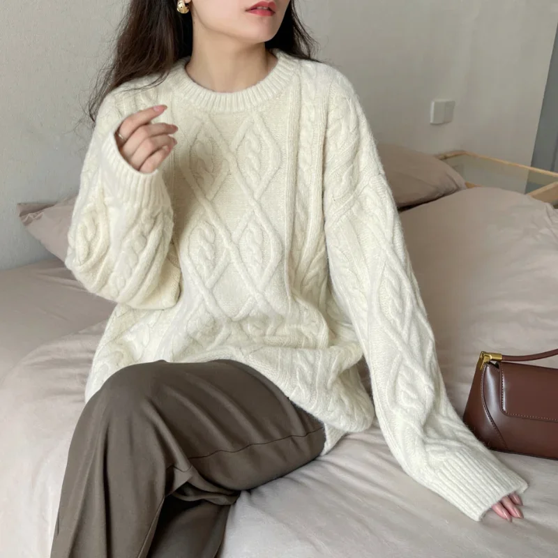 Sweater Woman Winter 2023 Round Neck Bottoming Twist Sweater Lazy Wind Loose Casual Knit Pullover Long Sleeve Pullover Jumper - Image 13