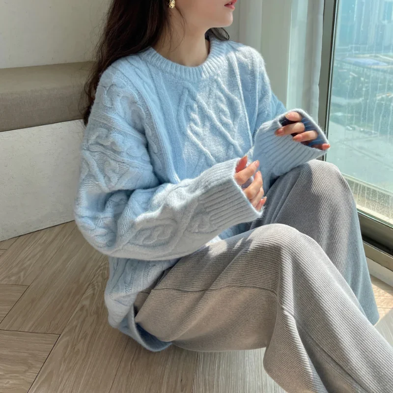 Sweater Woman Winter 2023 Round Neck Bottoming Twist Sweater Lazy Wind Loose Casual Knit Pullover Long Sleeve Pullover Jumper - Image 15