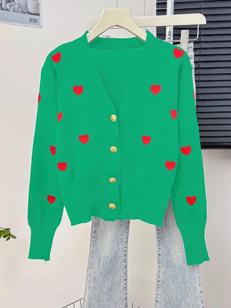 Sweater Women Knitted Coats Fashion V-neck Slim Versatile Heart Button Cardigan Autumn Office Lady Chic Long Sleeve Outerwear - Image 6