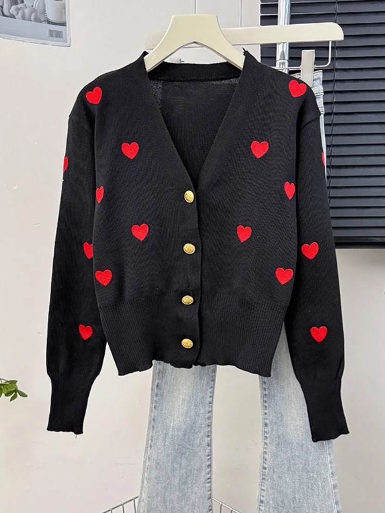 Sweater Women Knitted Coats Fashion V-neck Slim Versatile Heart Button Cardigan Autumn Office Lady Chic Long Sleeve Outerwear - Image 8