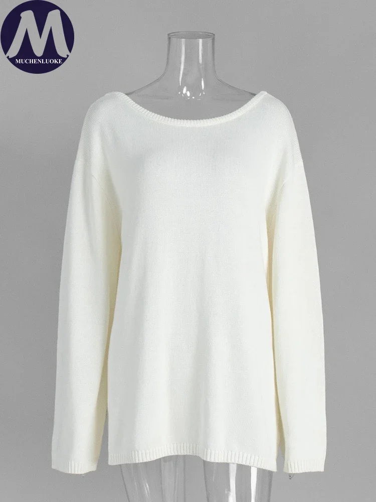 Sweater for Woman Autumn Winter New Lazy Style O Neck Knitted Sweater Fashionable Casual Loose Backless Sweaters Pullovers - Image 5