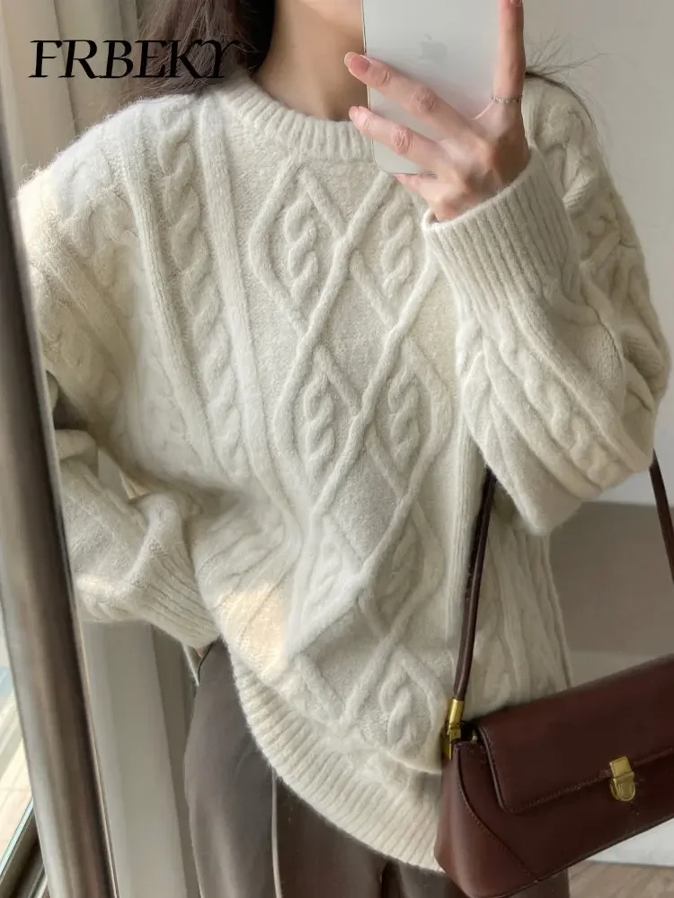 Sweater Woman Winter 2023 Round Neck Bottoming Twist Sweater Lazy Wind Loose Casual Knit Pullover Long Sleeve Pullover Jumper - Image 5