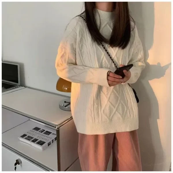 Sweater Woman Winter 2023 Round Neck Bottoming Twist Sweater Lazy Wind Loose Casual Knit Pullover Long Sleeve Pullover Jumper - Image 7