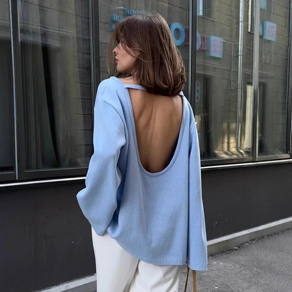Sweater for Woman Autumn Winter New Lazy Style O Neck Knitted Sweater Fashionable Casual Loose Backless Sweaters Pullovers - Image 18